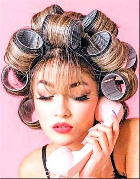 i m pretending to talk on an old phone hair curlers hair photography hair rollers