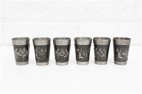 6 Vintage Stacking Pewter Shot Cups Stirrup Cups Liqueur Glasses