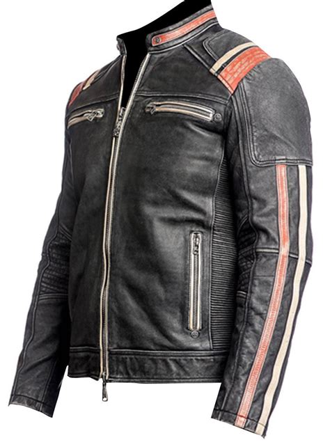 Mens Retro Moto Cafe Racer Distressed Black Leather Biker Jacket
