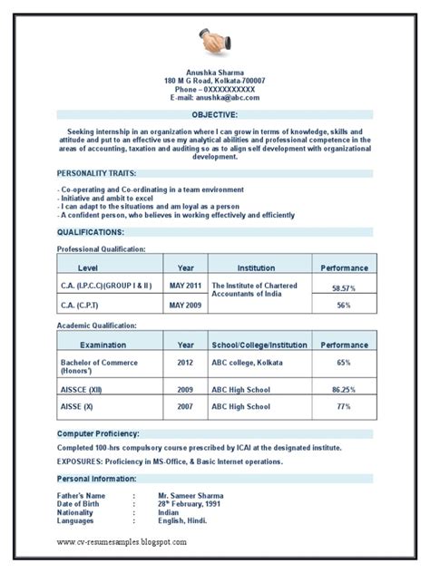 chartered accountant ca articleship resume sample