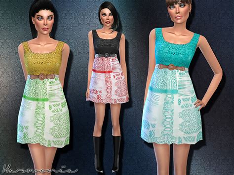 The Sims Resource Lace Contrast Aztec Print Belted Dress By Harmonia
