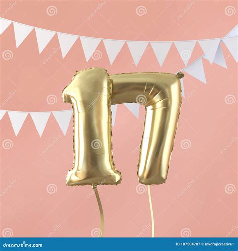 Happy 17th Birthday Party Celebration Gold Balloon And Bunting 3d