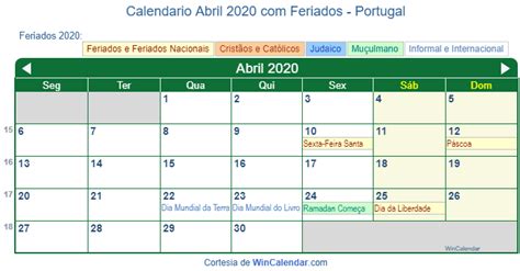 Calendário De Abril De 2020 Para Impressão Portugal
