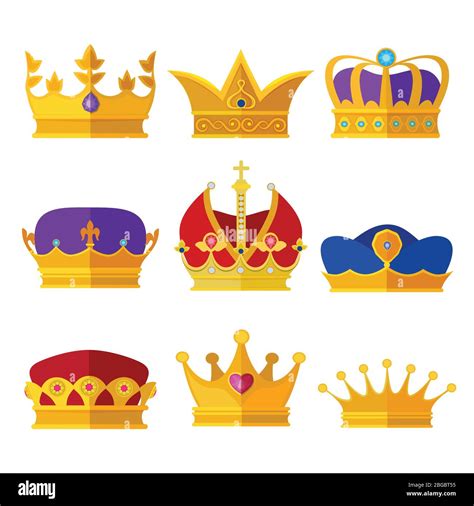 Golden Crowns Of Kings Prince Or Queen Vector Illustrations Set In