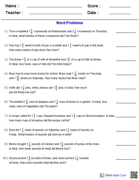 Word Problems With Fractions And Mixed Numbers Worksheets