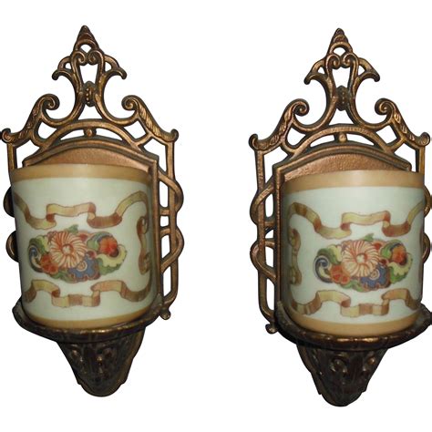 art deco lightolier wall sconces with decorated glass shades from sherlocksantiquelights on ruby