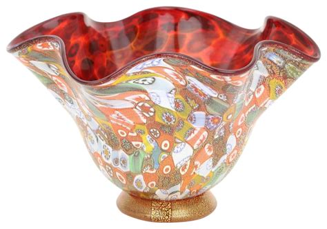 Glassofvenice Murano Glass Millefiori Gold Fazzoletto Bowl Contemporary Decorative Bowls