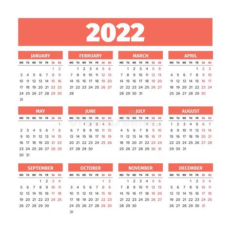 2022 Calendar With The Weeks Start On Monday Stock Vector