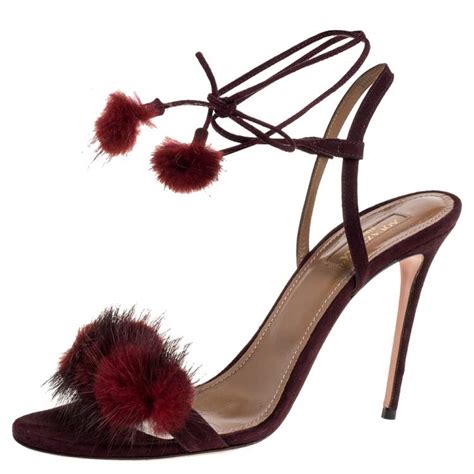 aquazzura burgundy fur and suede wild russian open toe ankle wrap sandals size 39 5 aquazzura