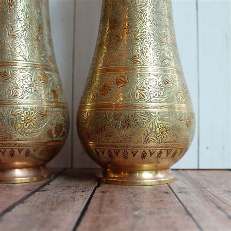vintage brass vase set of 2 matching large 10 brass vases with etched floral flower and leaf