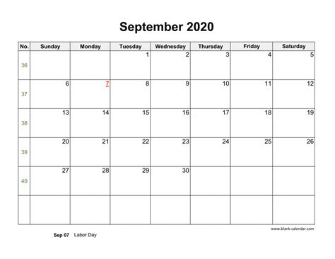 Download September 2020 Blank Calendar Horizontal