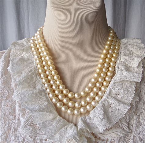 Vintage Pearl Necklace Three Strand Signed Etsy Pearl Necklace