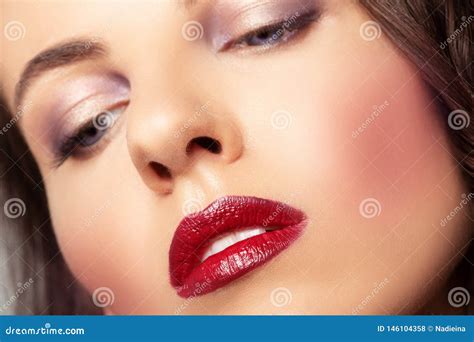 Close Up Portrait Of Beautiful Woman With Bright Make Up And Red Nails