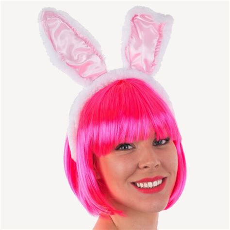 Easter Bunny Ears Pink Satin White Plush Headband Rabbit Costume Adult