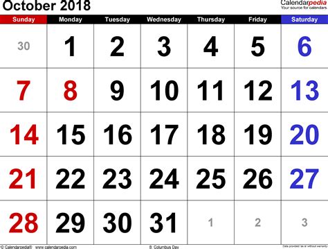 October 2018 Calendar Templates For Word Excel And Pdf