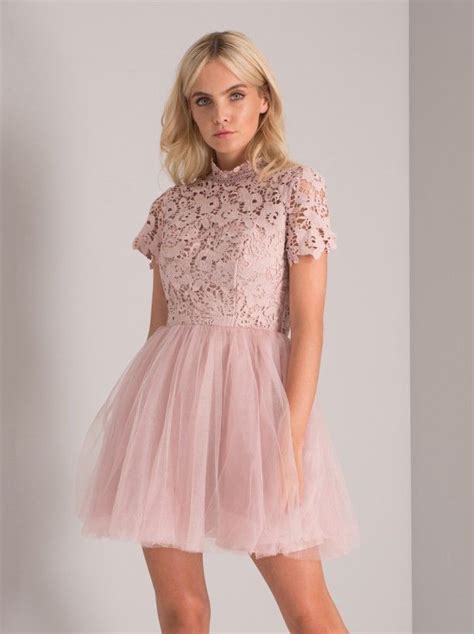 Petite High Neck Lace Tulle Mini Dress In Pink Dresses Mini Dress