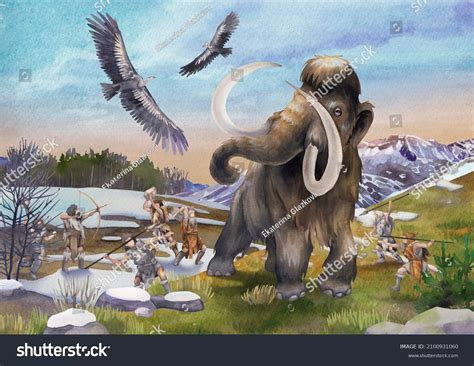 Watercolor Scene Cavemen Hunting On Mammoths Stock Illustration