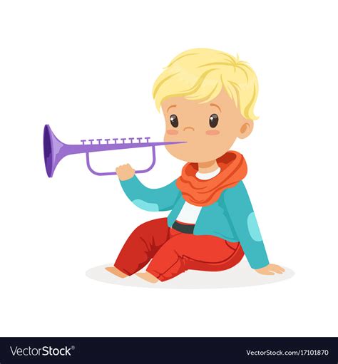 Cute Little Blonde Boy Playing Clarinet Young Vector Image