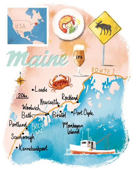 Maine Illustrated Map By Scott Jessop Following Route 1 Through