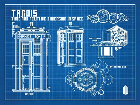 Inked And Screened Doctor Who Tardis Blueprint Graphic Art Poster In