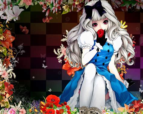 Anime Girls Black Ribbons Dress Apples Flowers