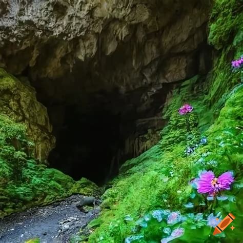 Lush Cave Cavern With Beautiful Flowers On Craiyon