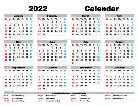 Free Printable 2022 Calendar With Holidays Pdf Png