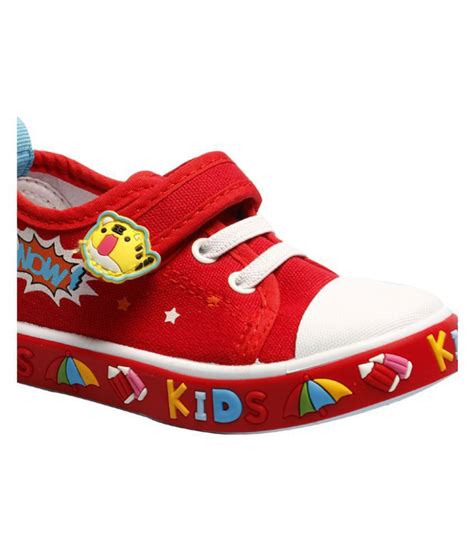 Little Soles Red Canvas Shoes With A Cartoon Motif And Stickers On Sole