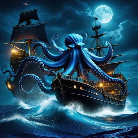 A Scary Blue Giant Octopus Kraken Monster Attacking A Pirate Ship In