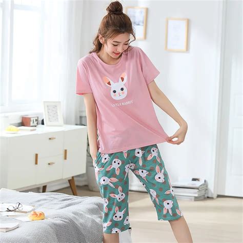 Free Shipping Summer 100cotton Women Pajamas Set Cute Cartoon Short Sleeve Casual Plus Size M