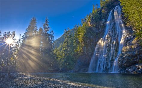 Nature Morning Dawn Sunlight Forest River Waterfall Rock Coast Blue