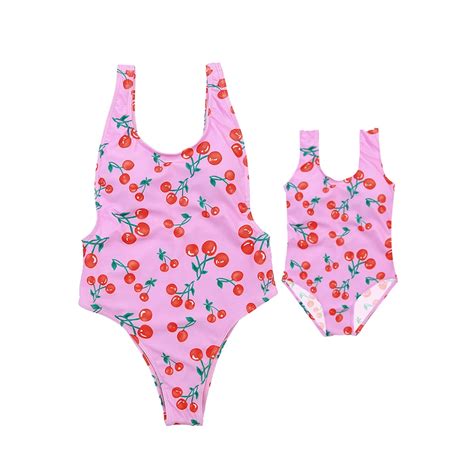 Parent Child Swimsuit 2018 Cherry Printing One Piece Swimsusuit Girls