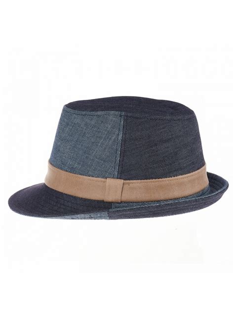 Denim Cotton Fedora Hat With Faux Leather Band Ld3279 Blue Ch12evl6m7f