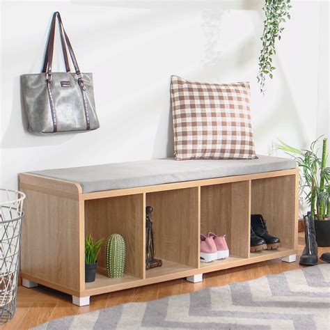Entryway Shoe Storage Bench With Cushion Natural Bamboo Shoe Cabinet
