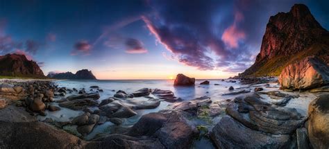 Long Exposure Sunset Beach Cliff Clouds Rock Sea Norway Nature