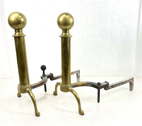 Lot Pair Antique Brass Cannon Ball Andirons