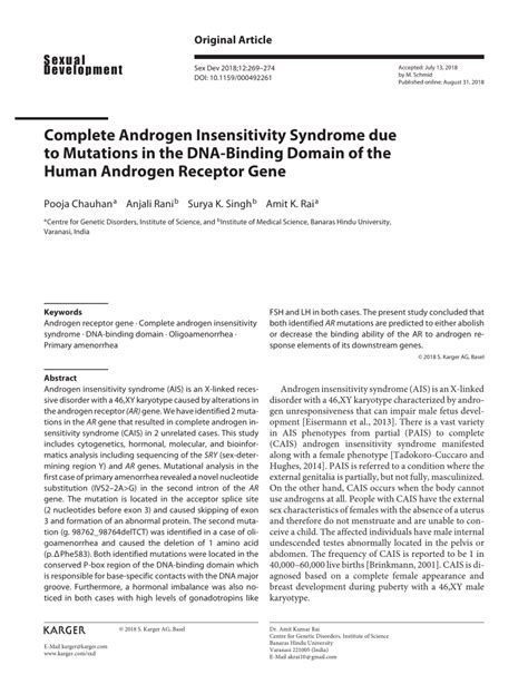 Pdf Complete Androgen Insensitivity Syndrome Due To Mutations In The Dna Binding Domain Of The