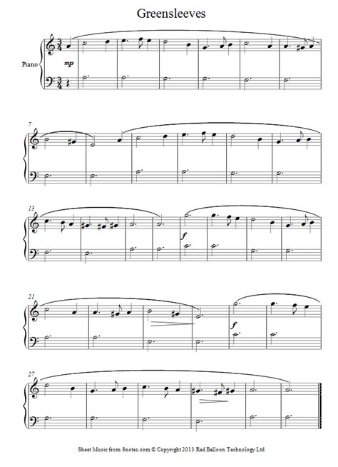 Both in the sheet music and in the audio tracks we provide a bass line that you can use as an accompaniment, by playing along the midi or the mp3 file attached to this post. Greensleeves (beginners) sheet music for Piano | Sheet Music | Pinterest | Sheet music, Pianos ...