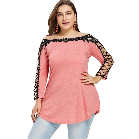 Wipalo Women T Shirts Plus Size 5XL Lattice Cut Tunic T Shirt Fall