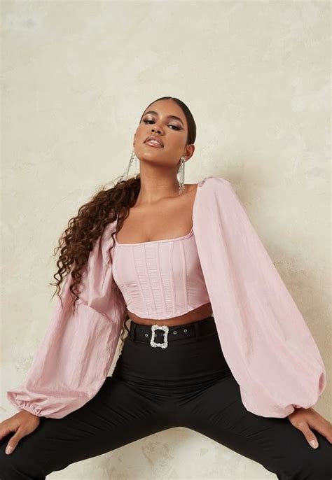 Missguided Pink Corset Extreme Balloon Sleeve Crop Top Shopstyle