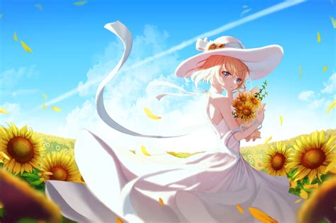 Download 1600x900 Beautiful Anime Girl Sunflowers Summer Dress
