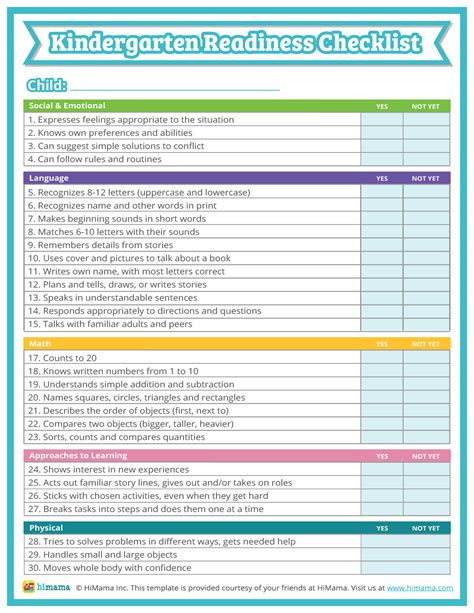 Kindergarten Readiness Checklist Free Templates Himama