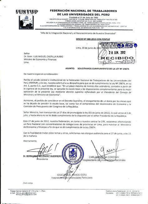 Fentup Oficio A Mef Solicitamos Cumplimiento Ley 29874 Cafae