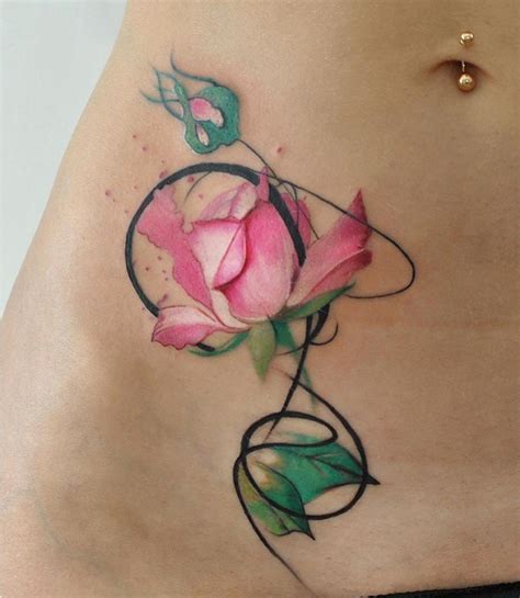 Pink Rose On Girls Stomach Best Tattoo Design Ideas