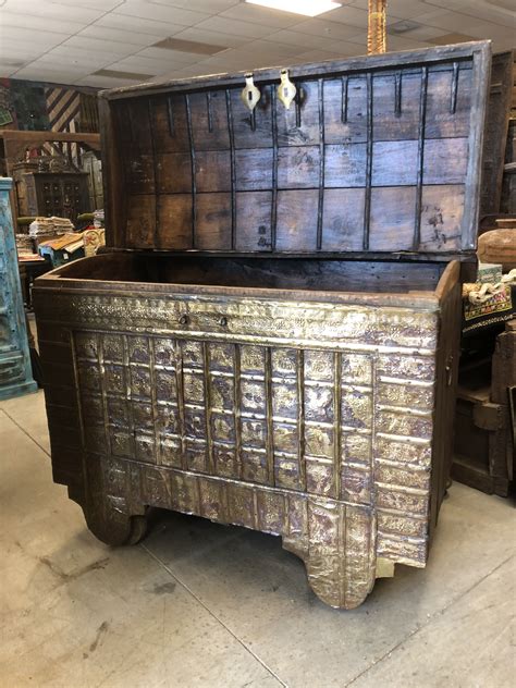 Consigned Hope Chest On Wheels Carved India Brass Cladded Trunk Asian