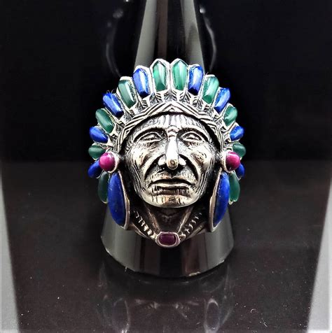 American Indian Sterling Silver Ring Chief Warrior Natural Lapis