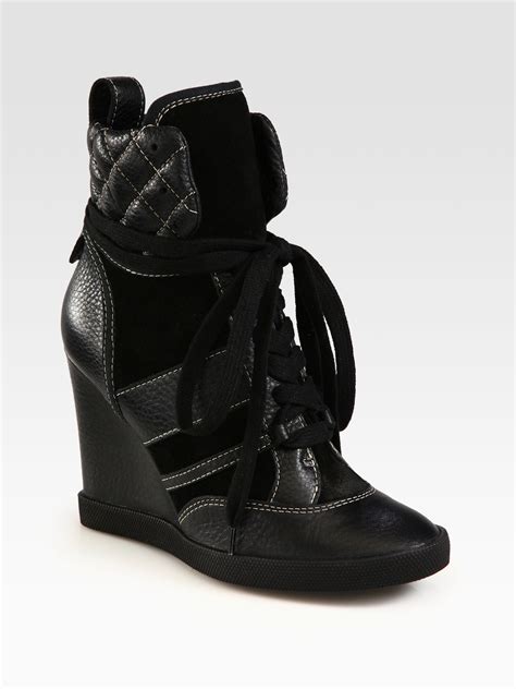 Lyst Chloé Leather And Suede High Top Wedge Sneakers In Black
