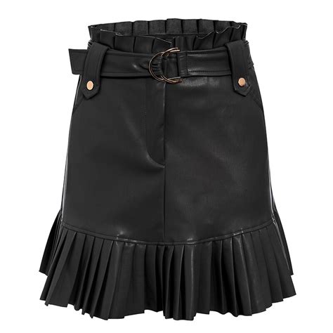 simplee sash belt pu leather women skirt ruffled high waist female mini skirt a line party club