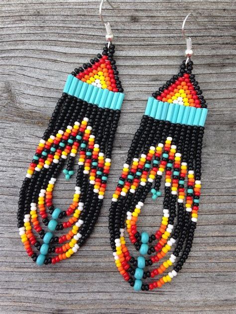 Native American Black Multi Colored Beaded Earrings Native American