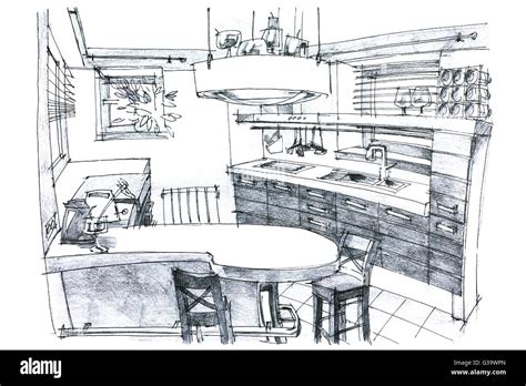 Interior Hand Drawing Perspective Of A Stylish Modern Kitchen In Black